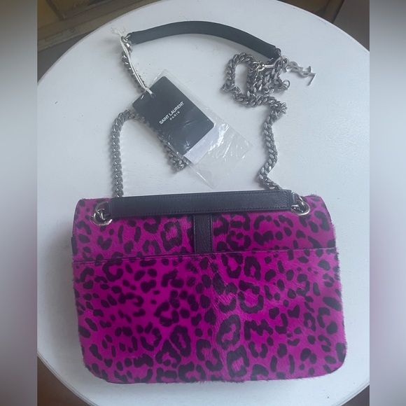 SAINT LAURENT YSL Med Baby Punk Fuchsia Pink Leopard Pony Hair Shoulder Bag NWT! - Picture 4 of 9